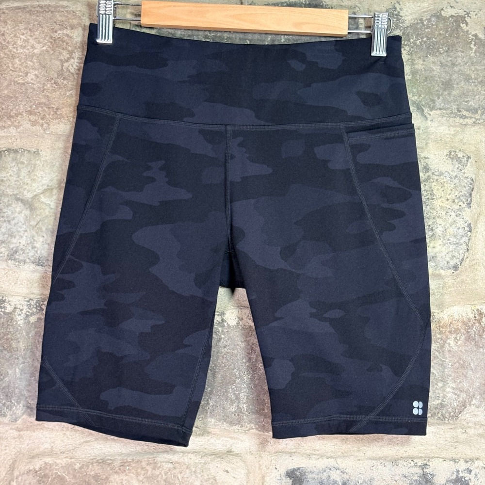 Sweaty Betty Power 9 Inch Cycling Shorts Black Camo Womens Size 8 Gymwear Yoga